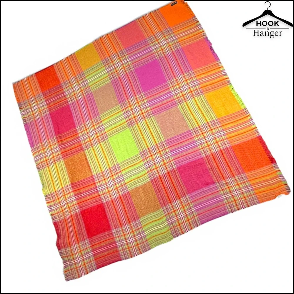 V. Fraas Plaid Blanket Square Scarf German Orange Pink Green Vibrant Wrap Fringe